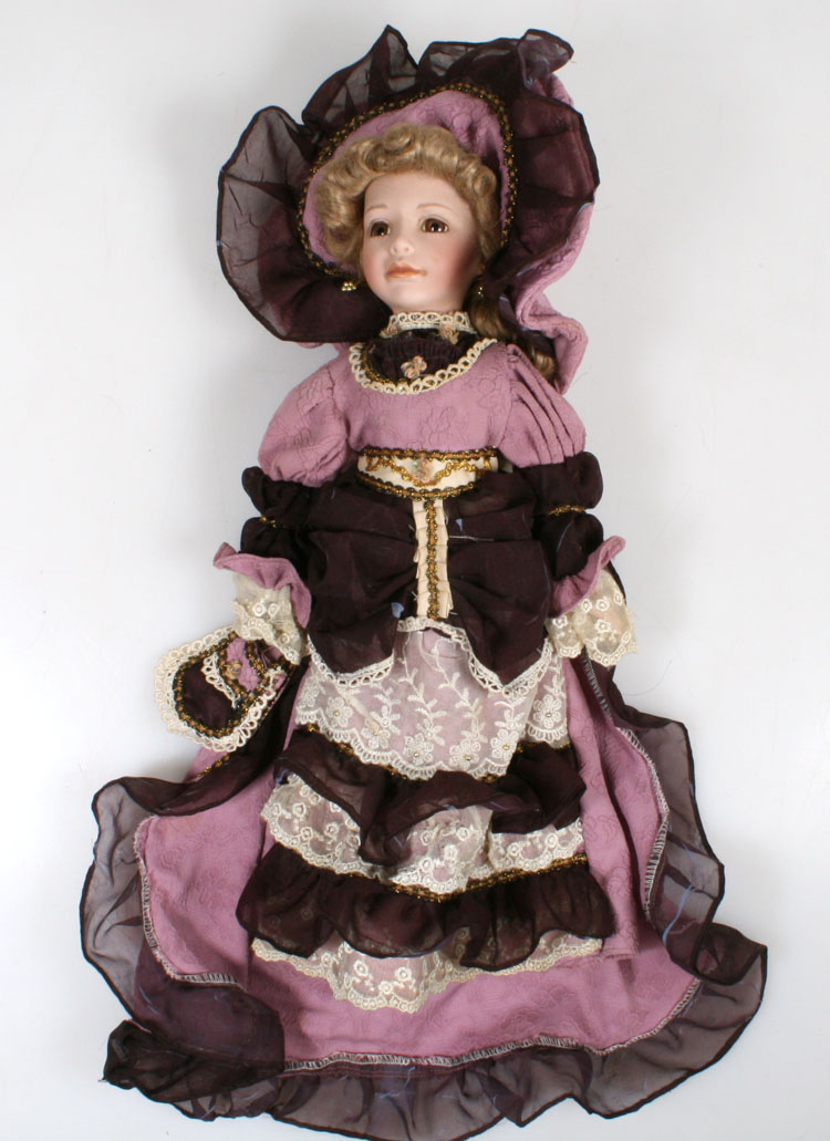 Porcelain Doll, 18in Tall In Vint. Purple Dress W  A Gainsborough Hat 